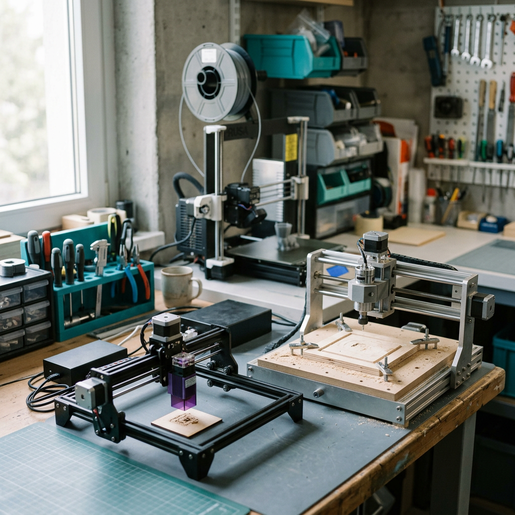 A bench with a diode laser, a hobby CNC router and a 3D printer